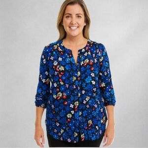 Talbots Floral Tunic Blouse Blue 3/4 Sleeve Crochet Accent Size 2X Petite